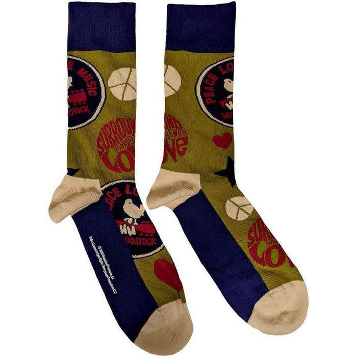 Woodstock Unisex Ankle Socks: Peace - Love - Music (Green) (UK Size 7 - 11)