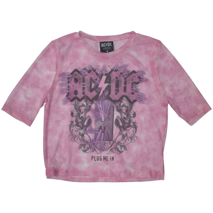 AC/DC Plug Me In Pink Mesh Cropped Ladies Medium T-Shirt