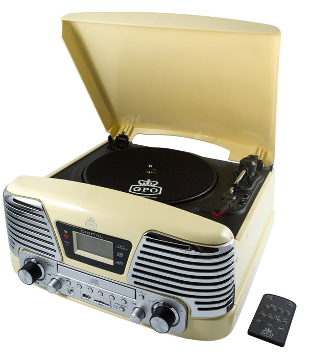 GPO MEMPHIS RETRO RECORD PLAYER WITH CD PLAYER FM RADIO & MP3 PLAYER NEW CREAM